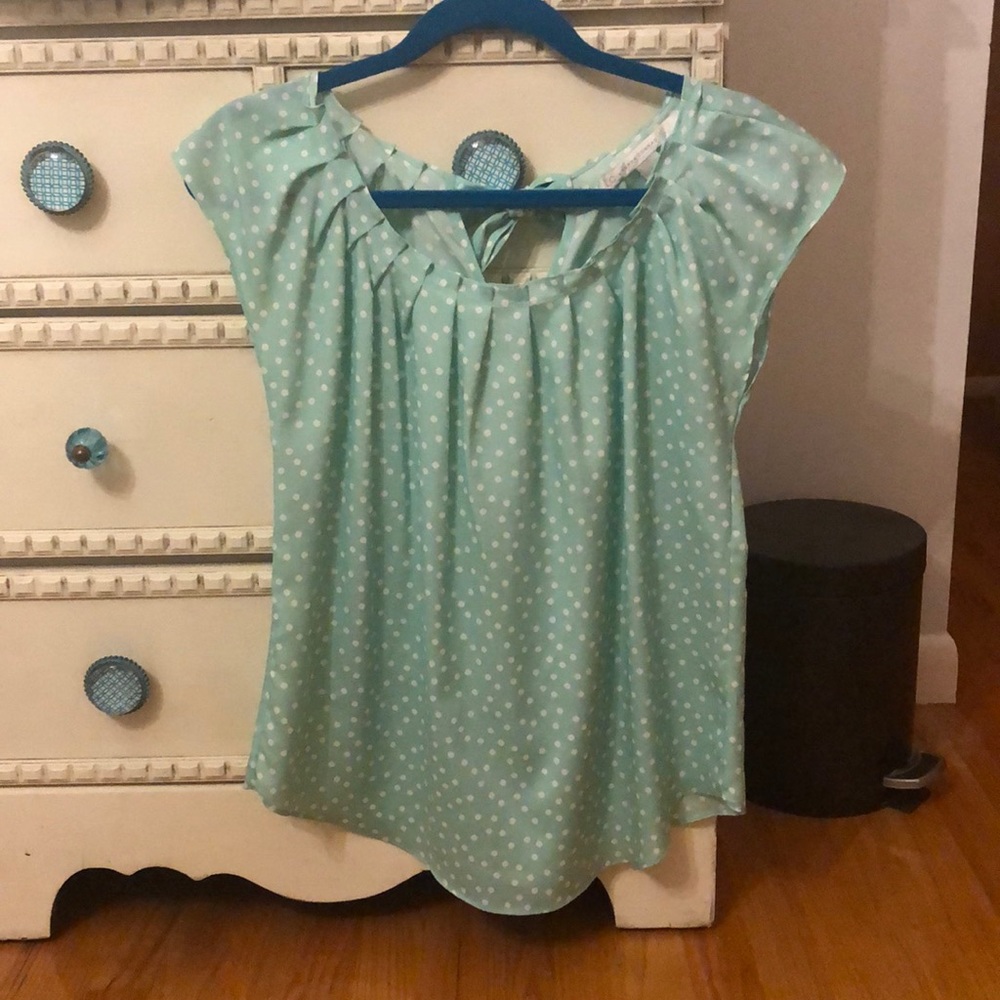 Mint Capped Sleeve Top with White Polka Dots